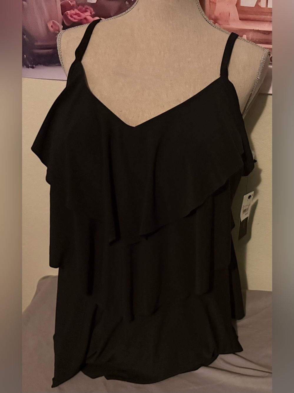 Aqua Green Black Ruffle Tiered Spaghetti Strap Bikini Top only